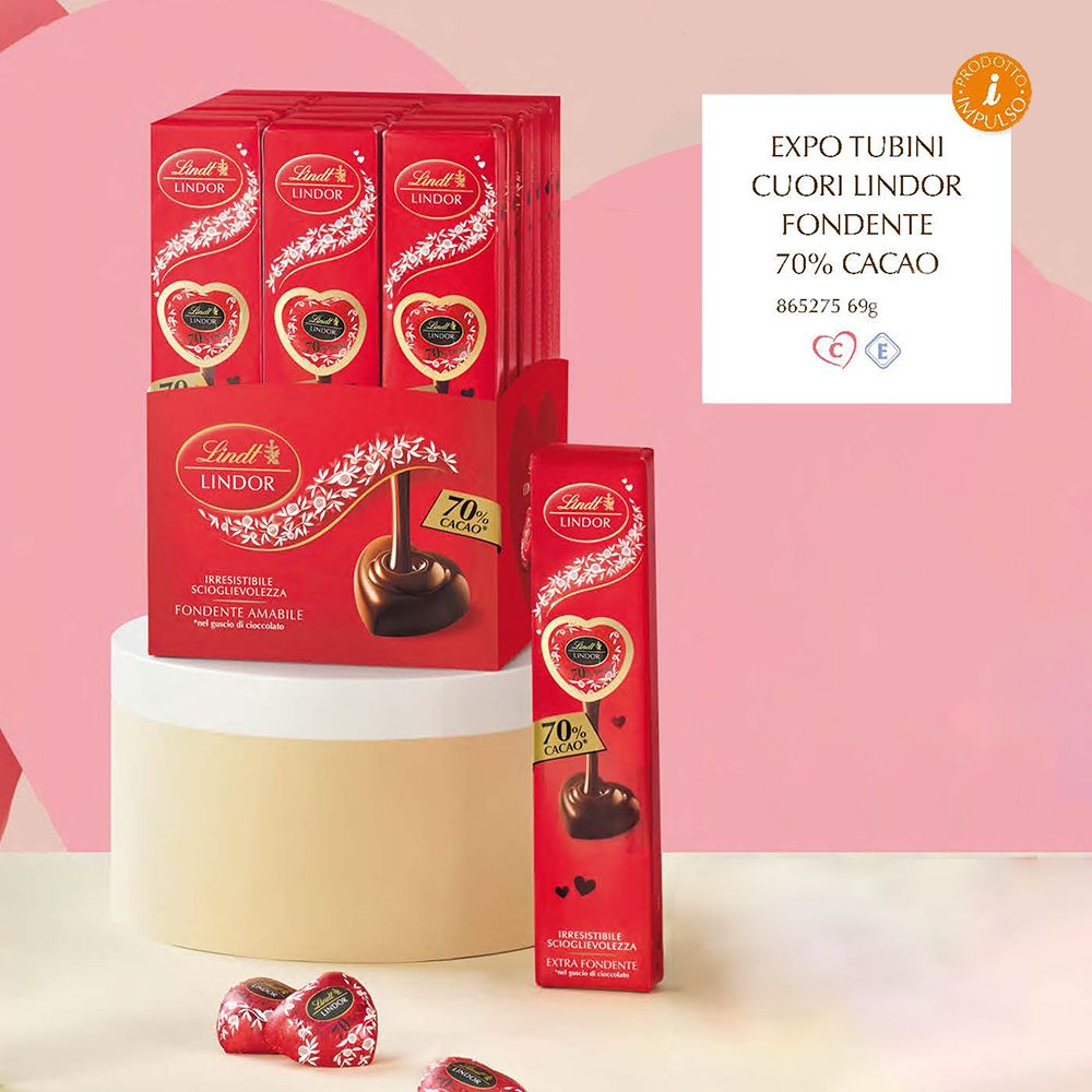 EXPO TUBINI CUORI LINDOR FONDENTE 70% Gr.69x18 Pz.V.6,00 ART.865275 [LINDTVALEN145]