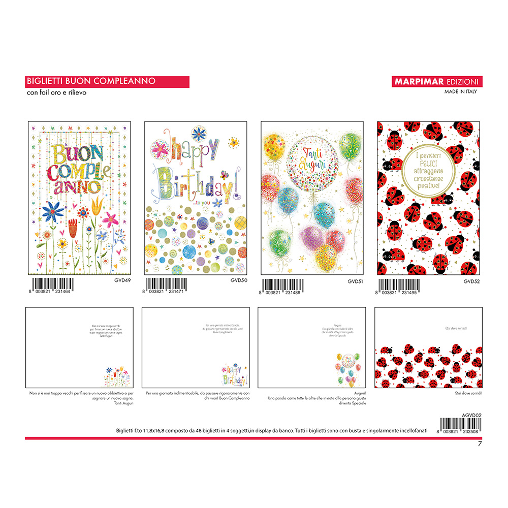 BIGLIETTI BUON COMPLEANNO FOIL ORO + RILIEVO x 12 Pz. ART. AGVD02 [MARPIMAR102]
