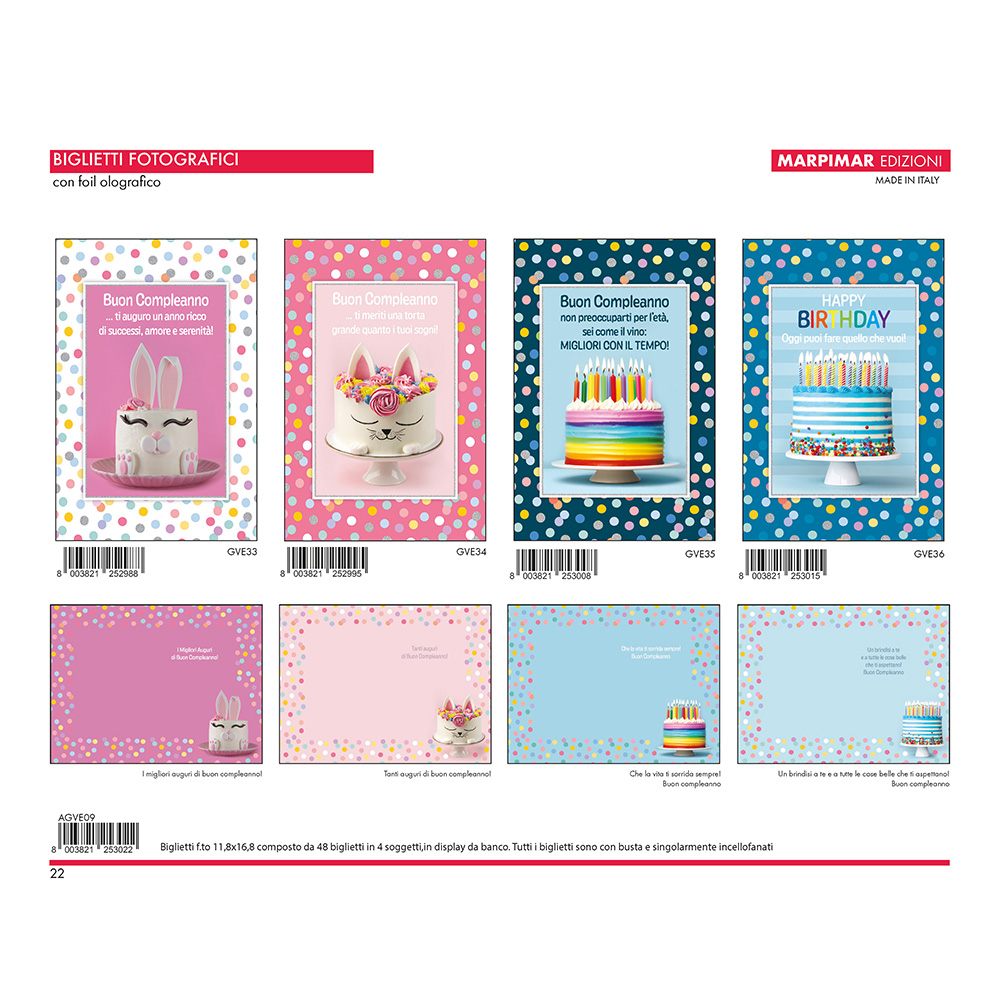 BIGLIETTI COMPLEANNO FOIL OLOGRAFICO x 12 Pz. ART.AGVE09 [MARPIMAR106]