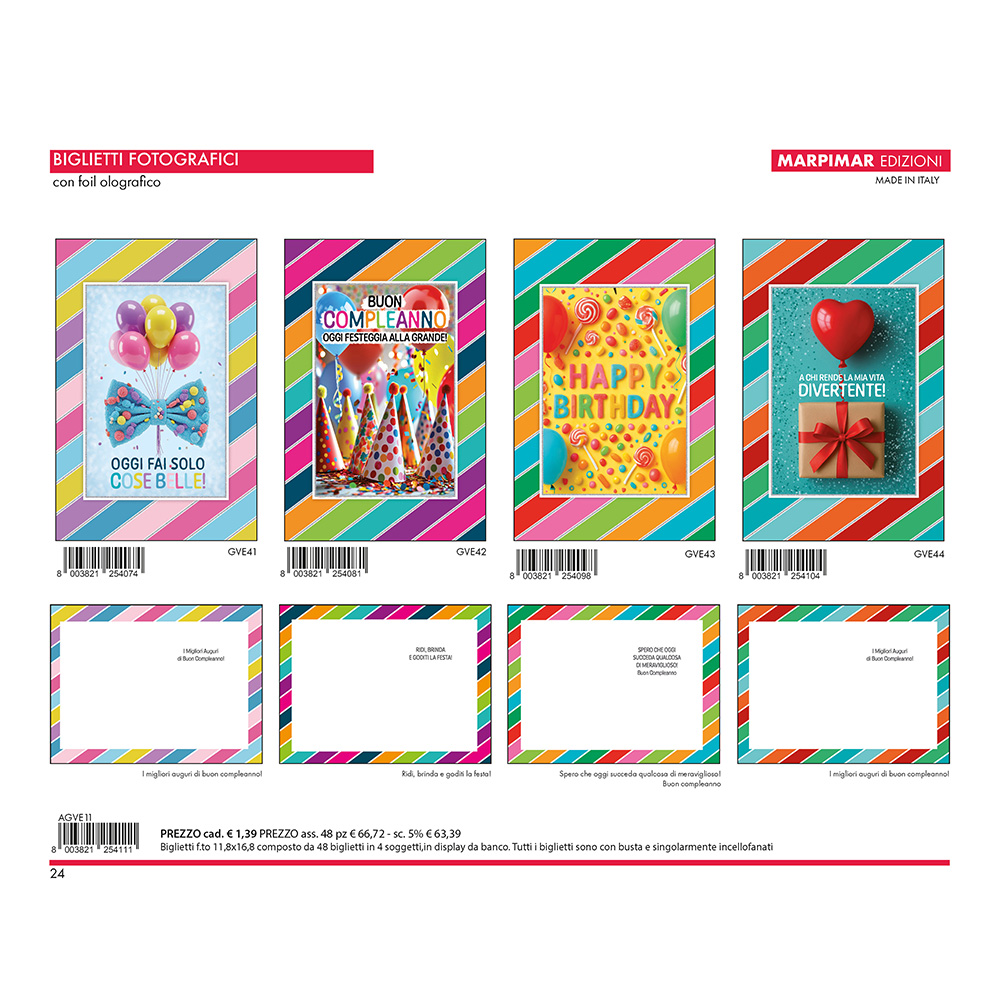BIGLIETTI COMPLEANNO FOIL OLOGRAFICO x 12 Pz. ART.AGVE11 [MARPIMAR107]
