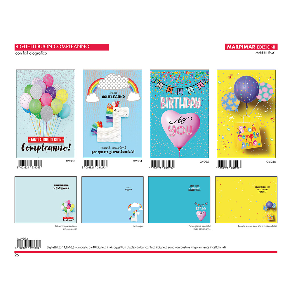 BIGLIETTI COMPLEANNO FOIL OLOGRAFICO 3D x 12 Pz. ART.AGVD13 [MARPIMAR108]