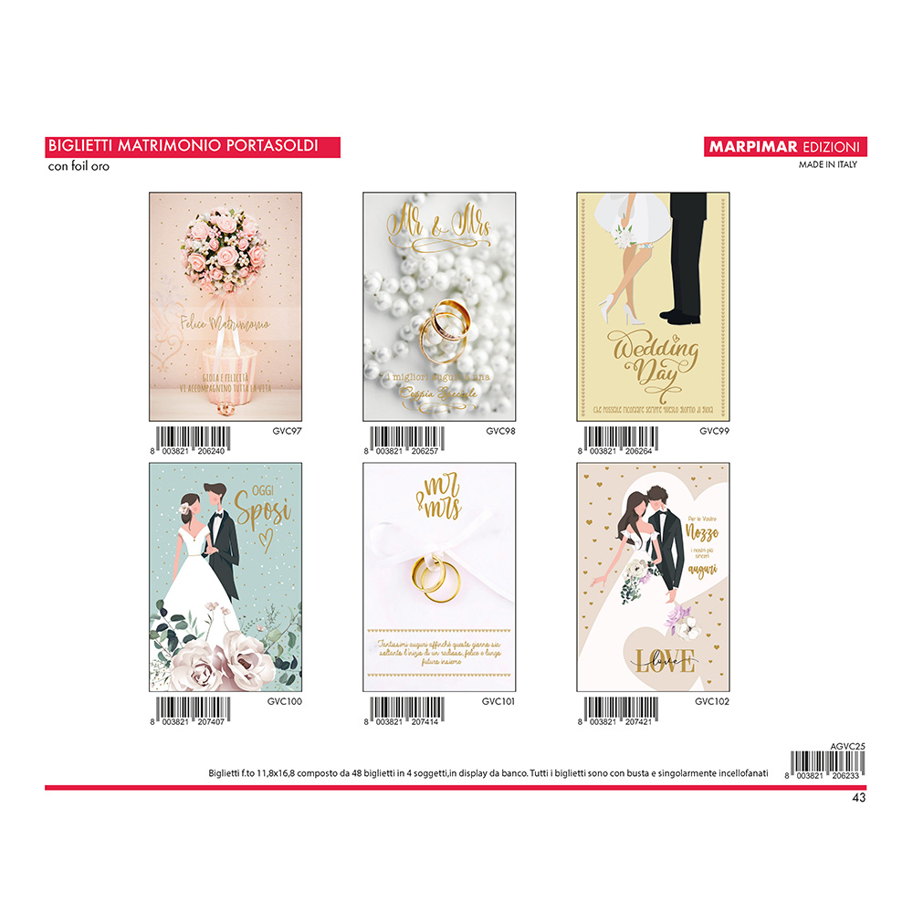 BIGLIETTI MATRIMONIO PORTA SOLDI FOIL ORO x 12 Pz. ART.AGVC25 [MARPIMAR196]