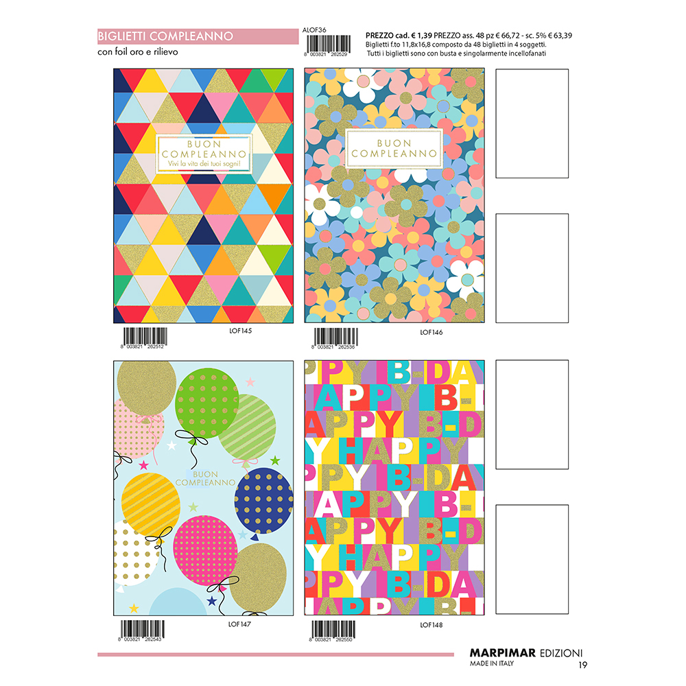 BIGLIETTI COMPLEANNO C/FOIL ORO+RILIEVO x 12 Pz. ART.ALOF36/12 [MARPIMAR119]