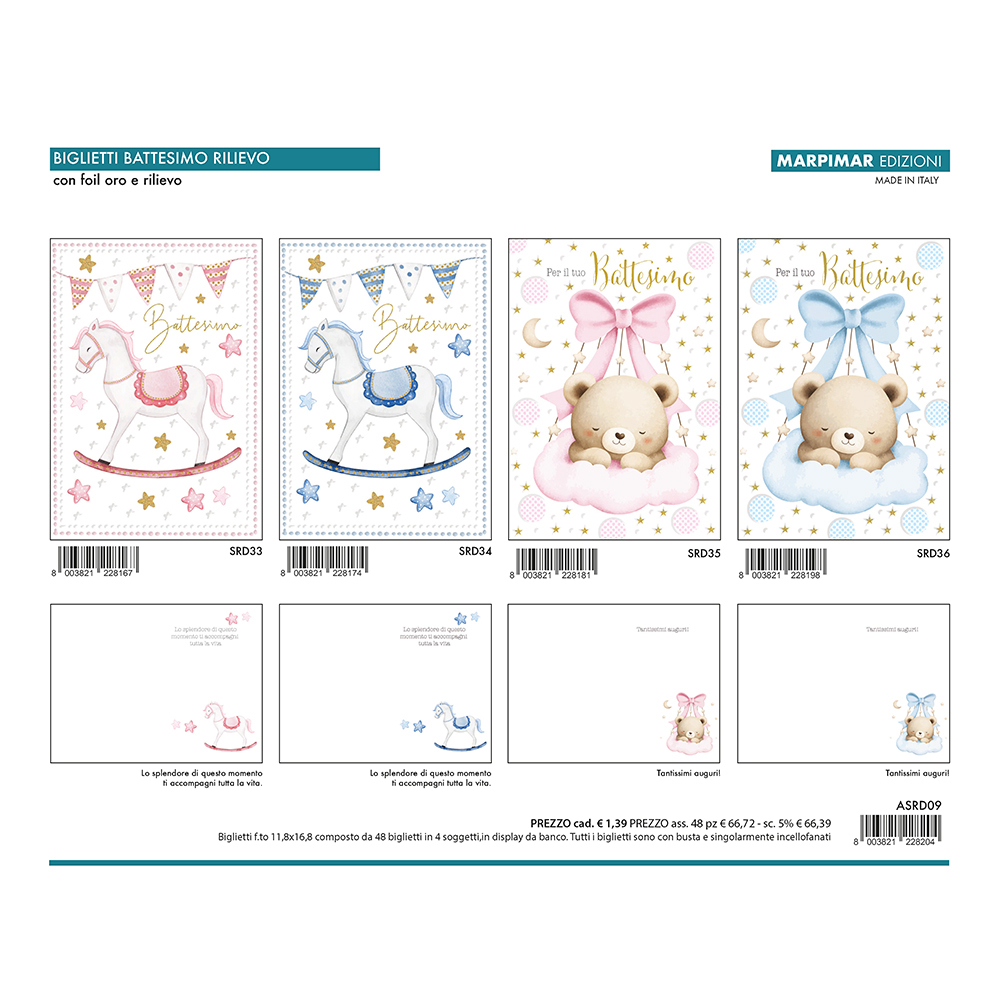 BIGLIETTI BATTESIMO FOIL ORO E RILIEVO x 12 Pz. ART.ASRD09/12 [MARPIMAR165]