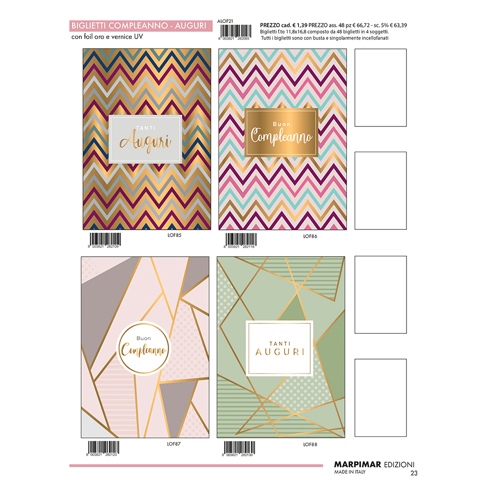 BIGLIETTI COMPLEANNO C/FOIL ORO+VERNICE UV x 12Pz.ART.ALOF21/12 [MARPIMAR506]